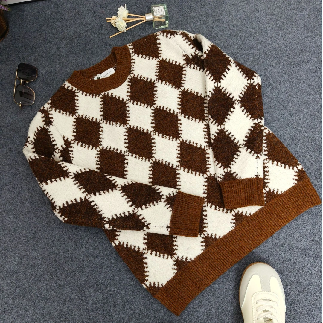男士秋冬季高定菱形格子撞色提花设计保暖圆领T恤针织毛衣衫