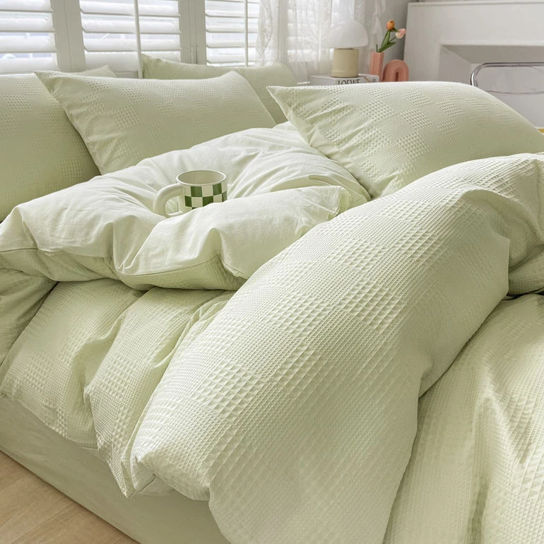 华夫格四件套床单被套纯色床品南通床上三件套床棉被罩简约单人