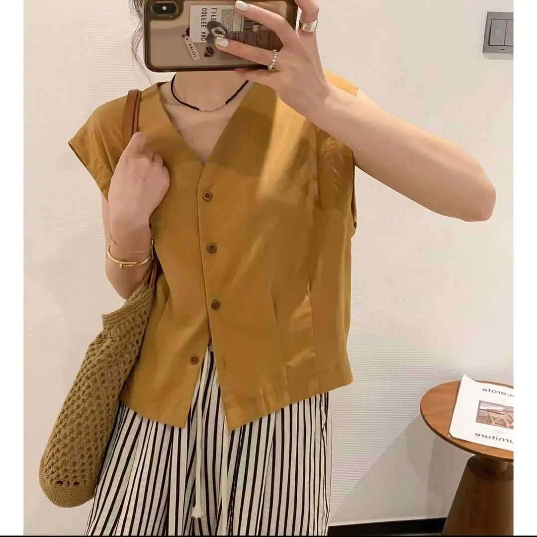 黄色无袖V领衬衫女夏季新款韩系时尚休闲百搭上衣女士