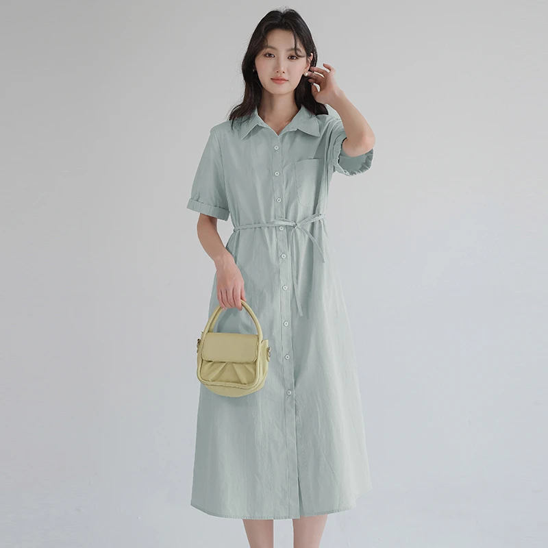 【通勤Polo领长款衬衫裙】蓝若水大码夏装新款休闲韩版连衣裙8371