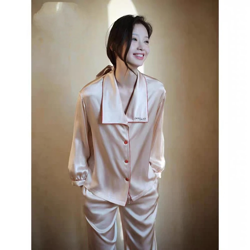 时梦也【文字刺绣】春秋新款长袖睡衣套装女简约高级感家居服带眼罩