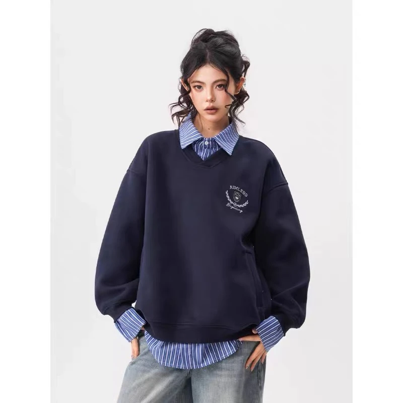 假两件条纹拼接学院风翻领卫衣男女装长袖POLO衫春秋季情侣款潮牌