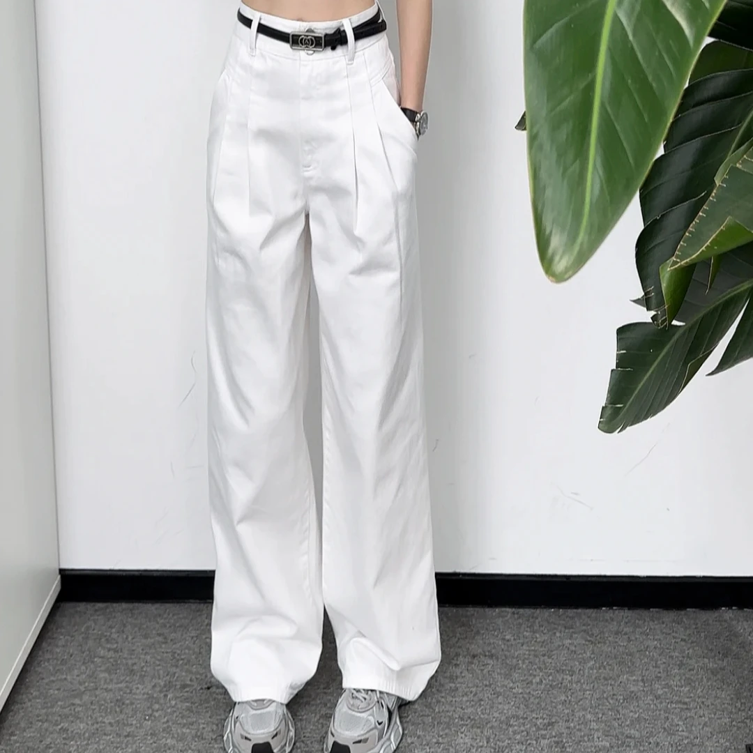 AMASS/阿玛施牛仔阔腿裤时尚白色遮胯宽松高级四季长裤5100578