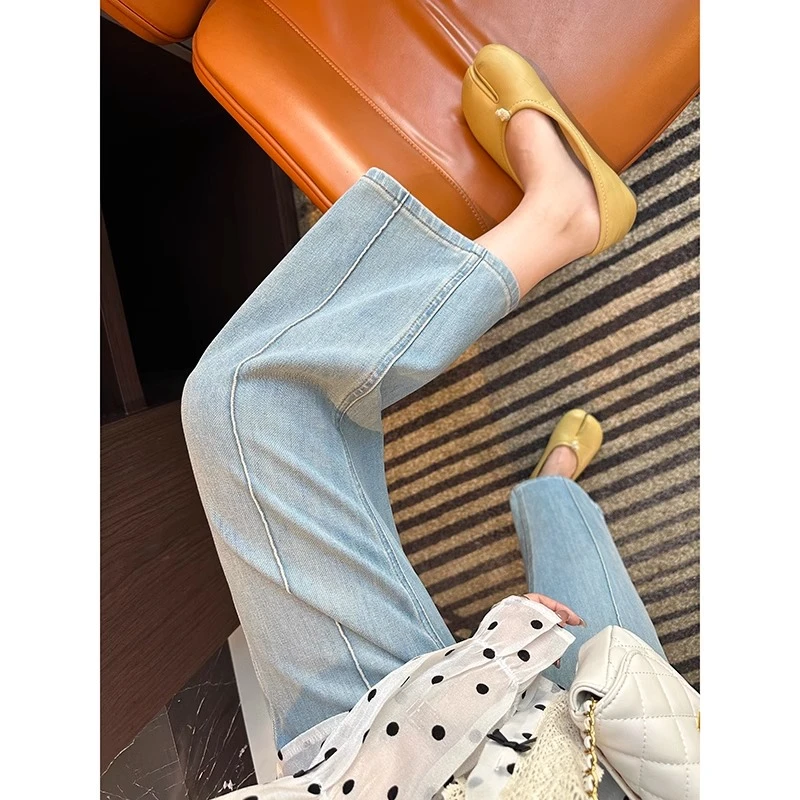 浅蓝色直筒阔腿牛仔裤女2025秋季新款梨形身材高腰显瘦九分奶奶裤