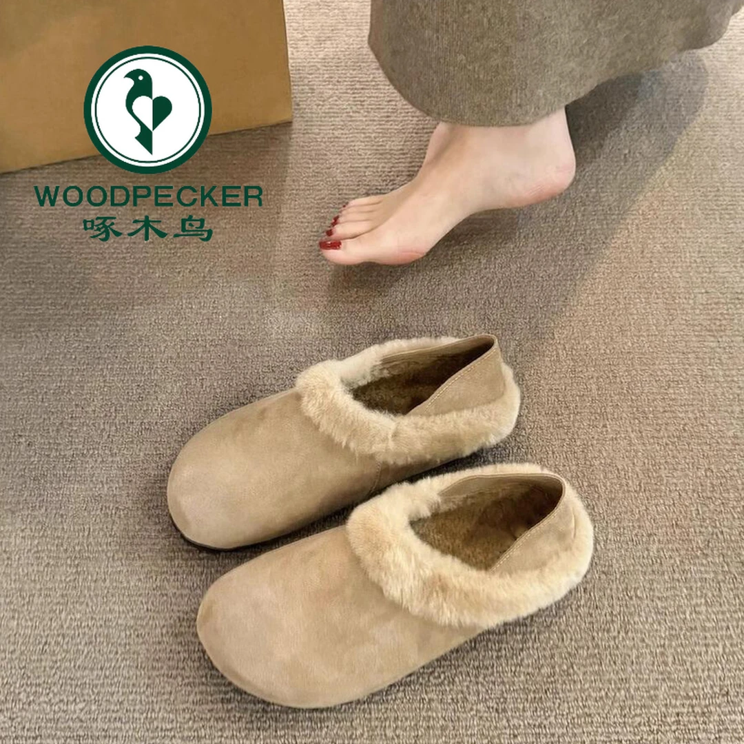 啄木鸟加绒勃肯鞋女秋冬季踩跟两穿一脚蹬百搭棉鞋复古保暖平底鞋