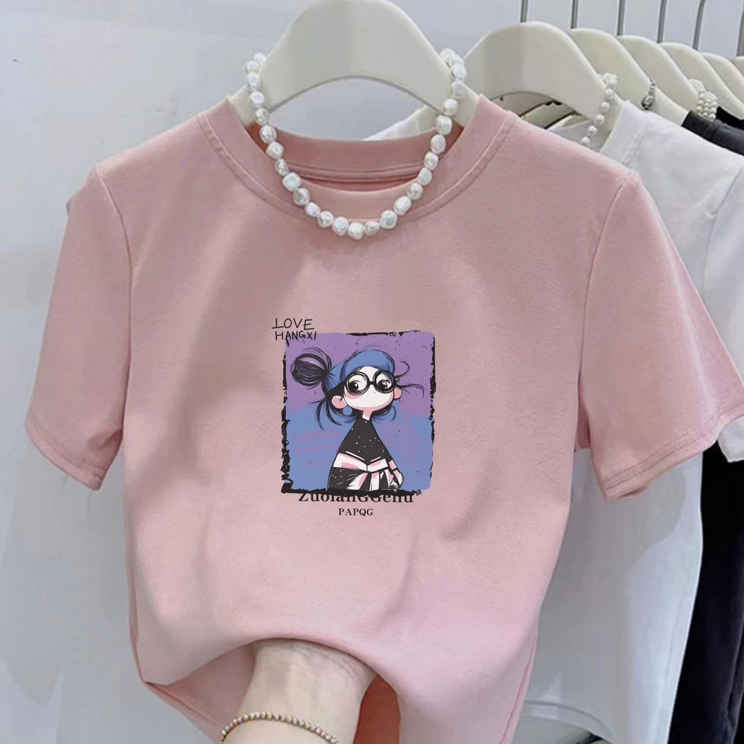 夏季新款圆领戴眼镜的女孩印花纯棉短袖小个子女修身显瘦百搭上衣