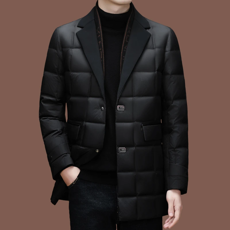 秋冬意大利大牌男士羽绒服中长款时尚休闲西装领中青年白鸭绒外套