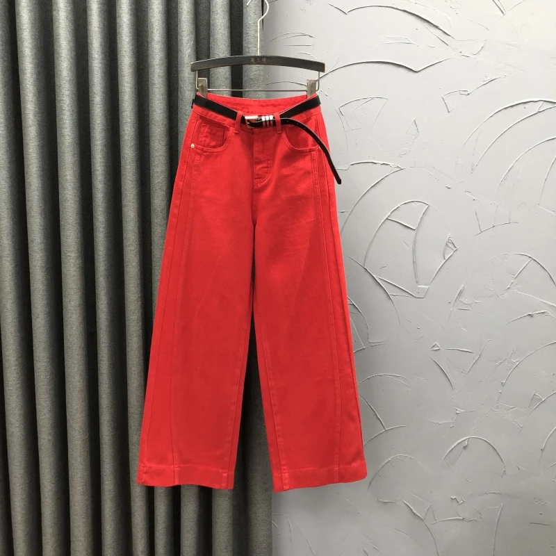 红色洋气窄版直筒牛仔裤女2025年秋季宽松休闲百搭高档阔腿拖地裤