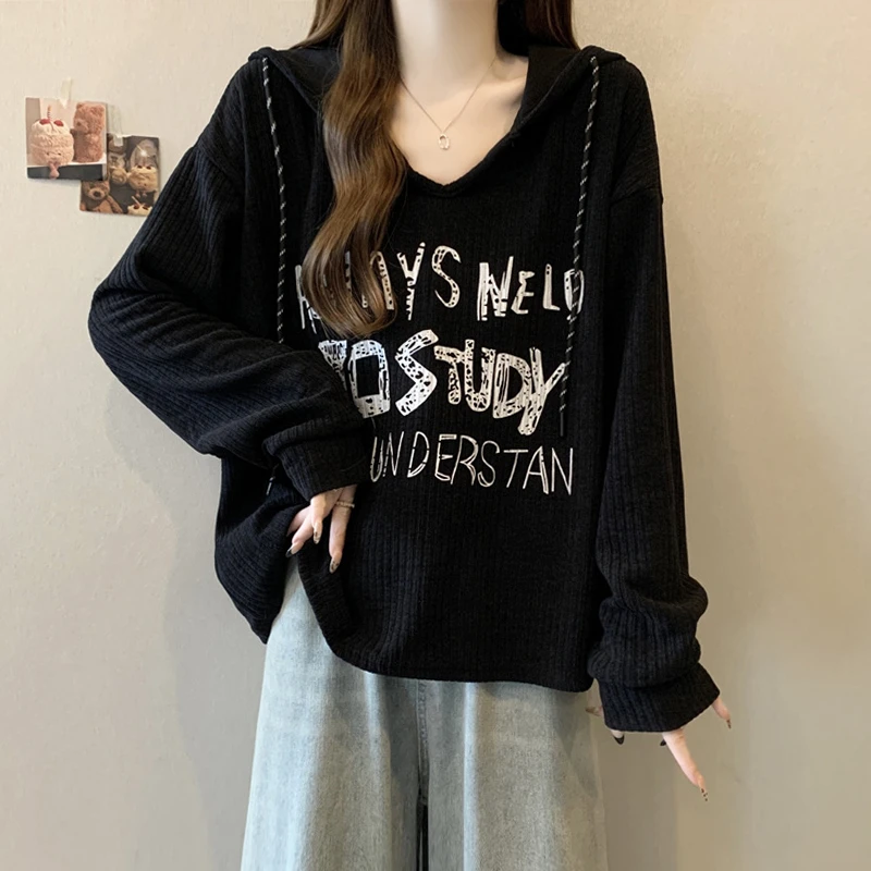 大码女装遮肚子慵懒风印花长袖卫衣女春秋胖妹妹宽松显瘦连帽上衣