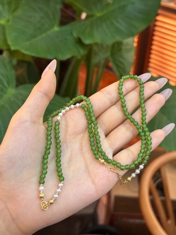 3757 18k金镶嵌和田玉碧玉万能链项链 约卡4mm 多样性发其一