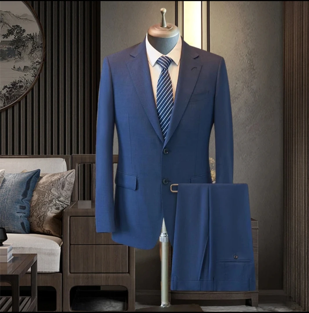 100%羊毛【雾霾蓝】平驳领西服两粒扣平驳头双开叉西服套装礼服婚礼