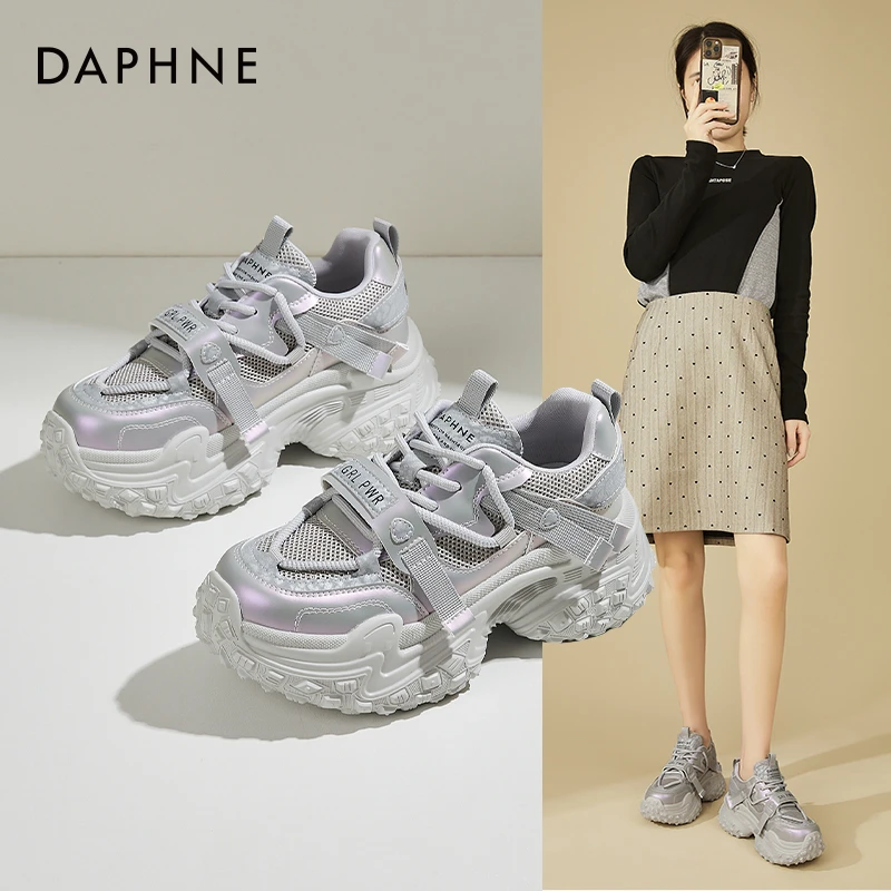 Daphne/达芙妮厚底透气网鞋女春小白鞋时尚休闲鞋百搭系带老爹鞋