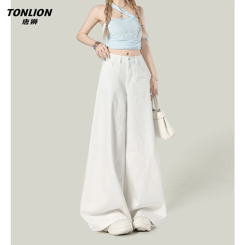 唐狮超火白色凉感牛仔裤女夏季新款高腰收腹宽松慵懒垂感阔腿长裤