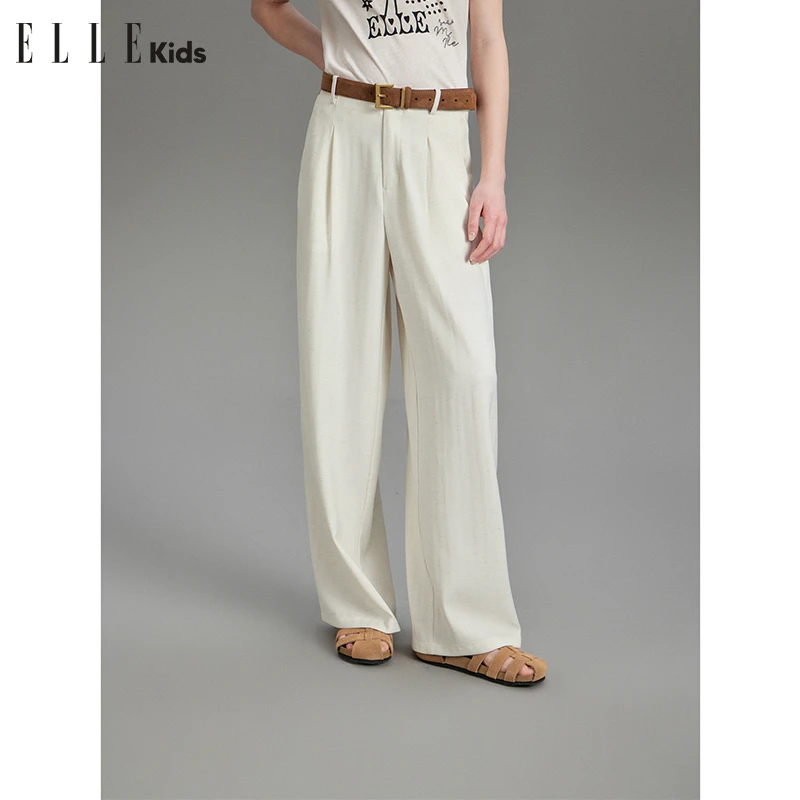 ELLE KIDS 连腰垂感直筒休闲裤女童夏季新款柔软舒适仿麻裤子X3