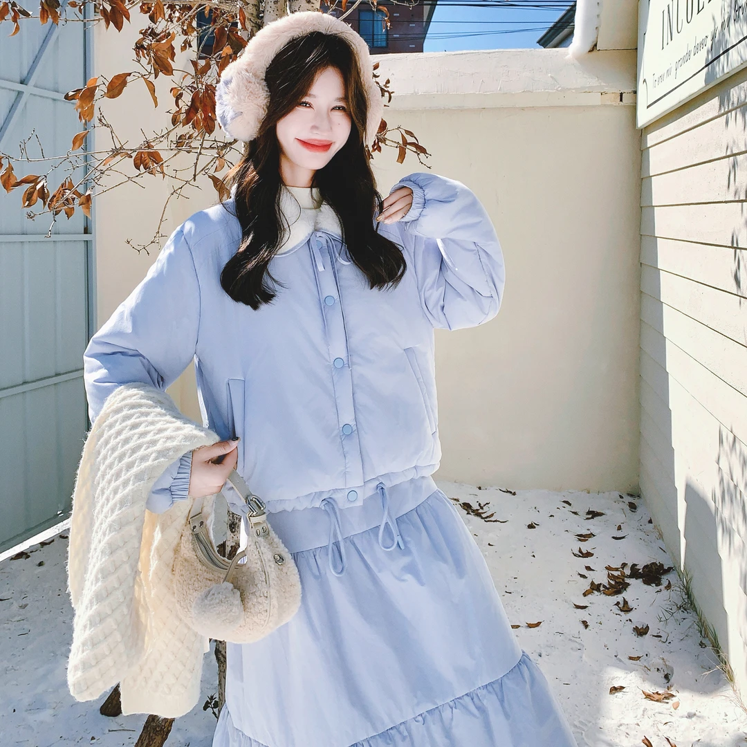蓝色夹棉加厚棉服套装女冬季韩系一整套穿搭棉衣棉袄半身裙两件套