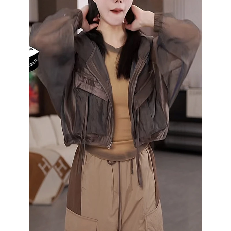 韩版连帽宽松防晒衣短外套女2025夏季防紫外线轻薄透气设计感上衣