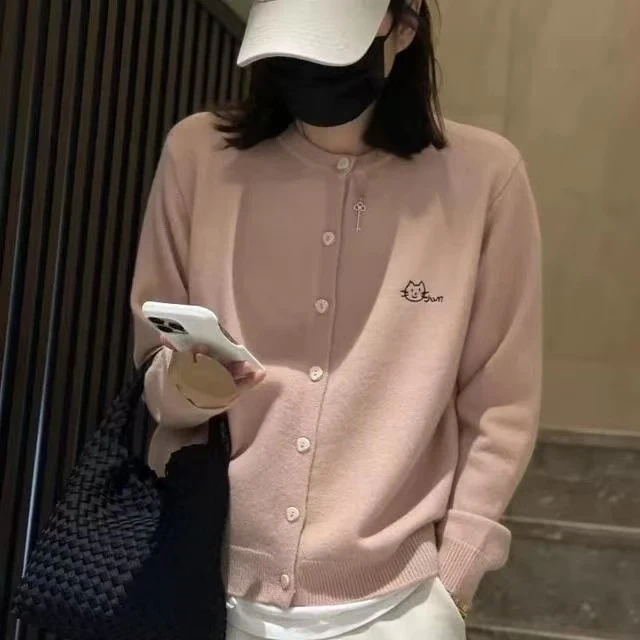 【专属】粉色~猫咪春秋休闲时尚宽松开衫蓬松软糯毛衣圆领针织衫