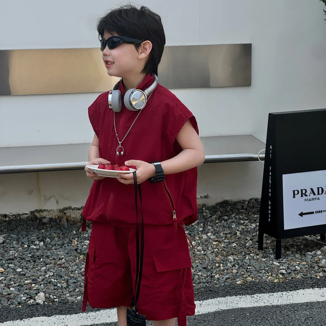 萌萌象2025夏季新款韩版男童百搭设计感街头工装套装儿童短袖短裤