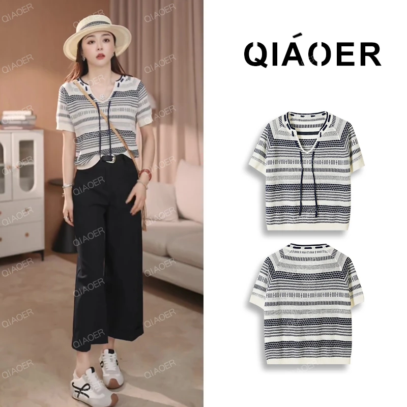 乔儿定制【黑白琴键】亚麻+莱赛尔天丝百搭T恤女静奢鸡心领条纹上衣