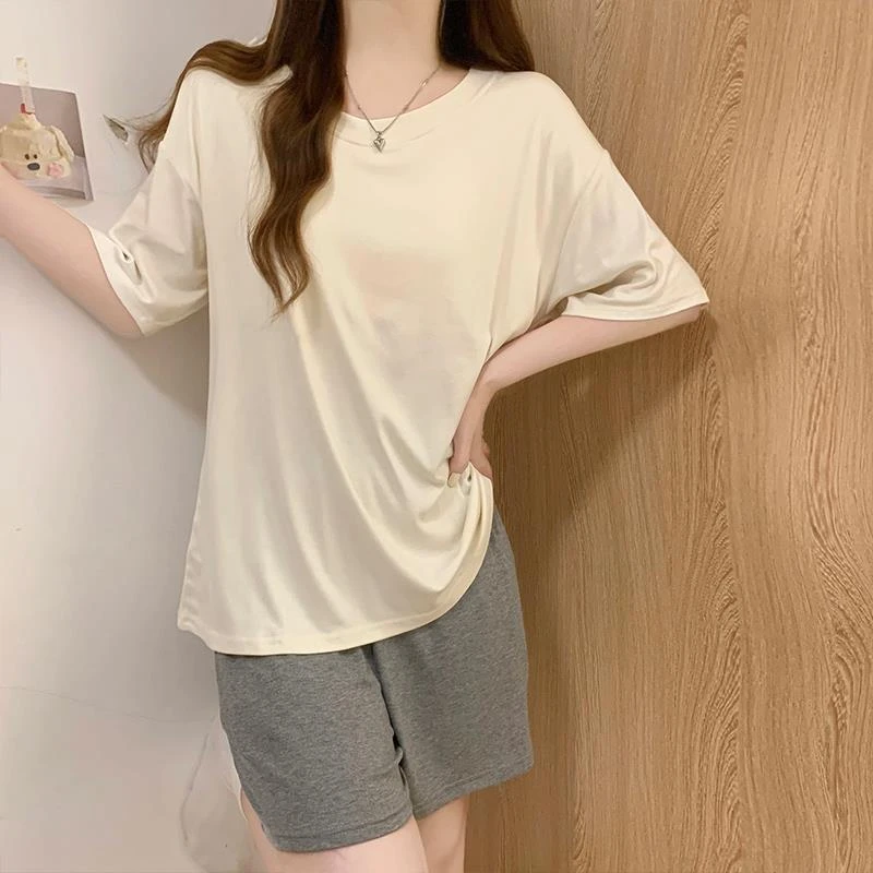 GPSUNLU短袖短裤睡衣女款夏季莫代尔新款夏天宽松休闲带胸垫杏色
