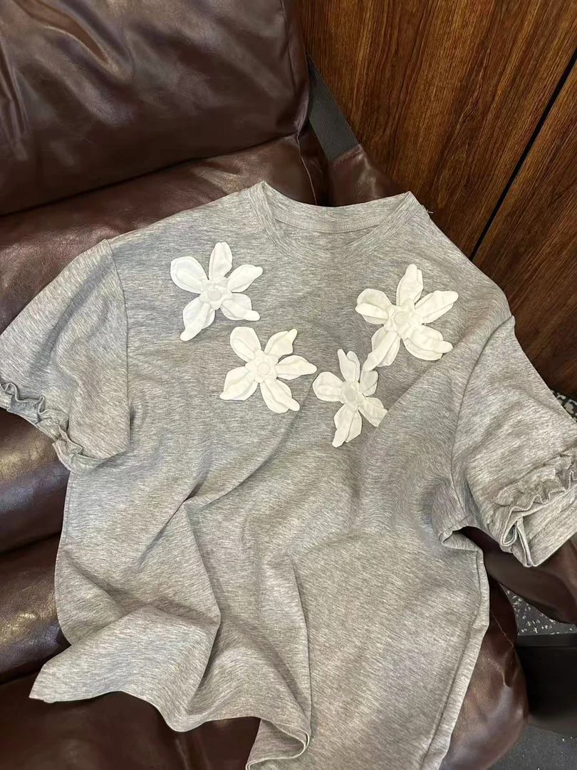大媛家25夏【立体花朵】木耳边重工宽松半袖T恤上衣圆领韩版时尚