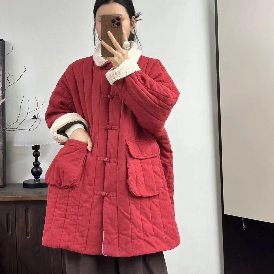【7287】新中式亚麻盘扣羊羔毛领加厚保暖棉服外套衣长86胸围150