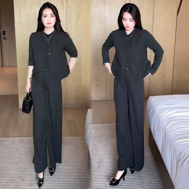 拉夏贝尔时尚打底衫马甲套装女2025秋季新款长袖阔腿裤气质三件套