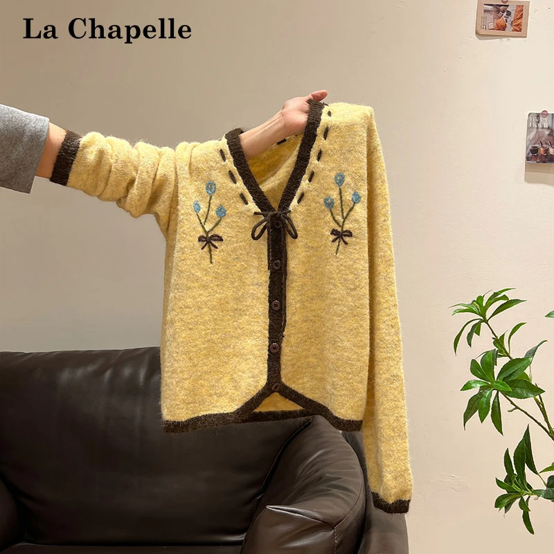 拉夏贝尔黄色拼接手工钩花绑带V领长袖开衫女秋季慵懒风针织上衣
