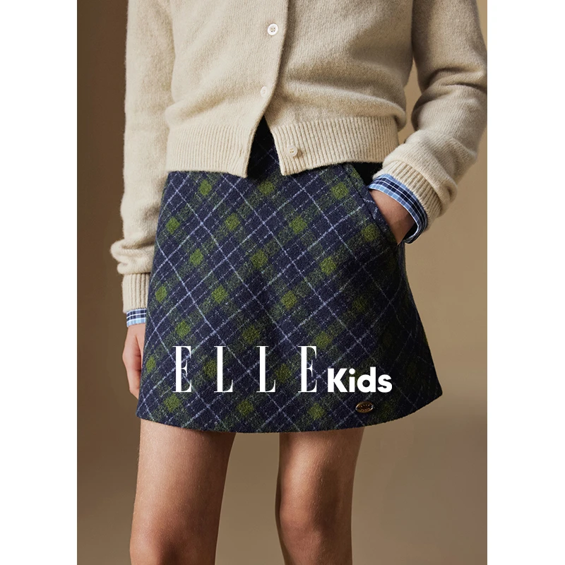 ELLE KIDS童装复古格纹短裙高腰气质百搭毛呢半身裙女儿童秋冬D1