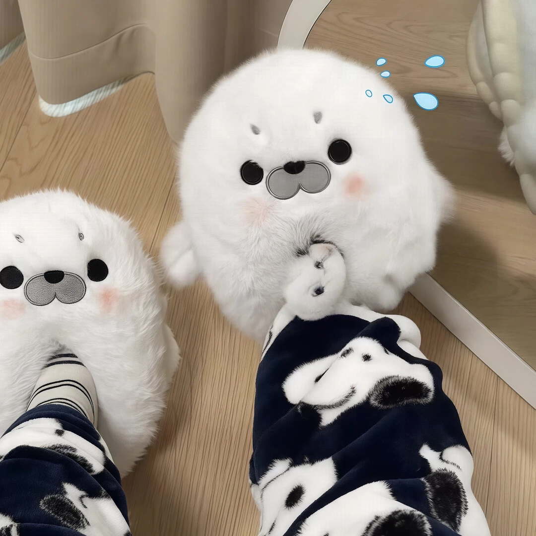 海豹棉拖鞋女可爱外穿厚底保暖毛绒拖鞋2025新款学生宿舍包跟棉鞋