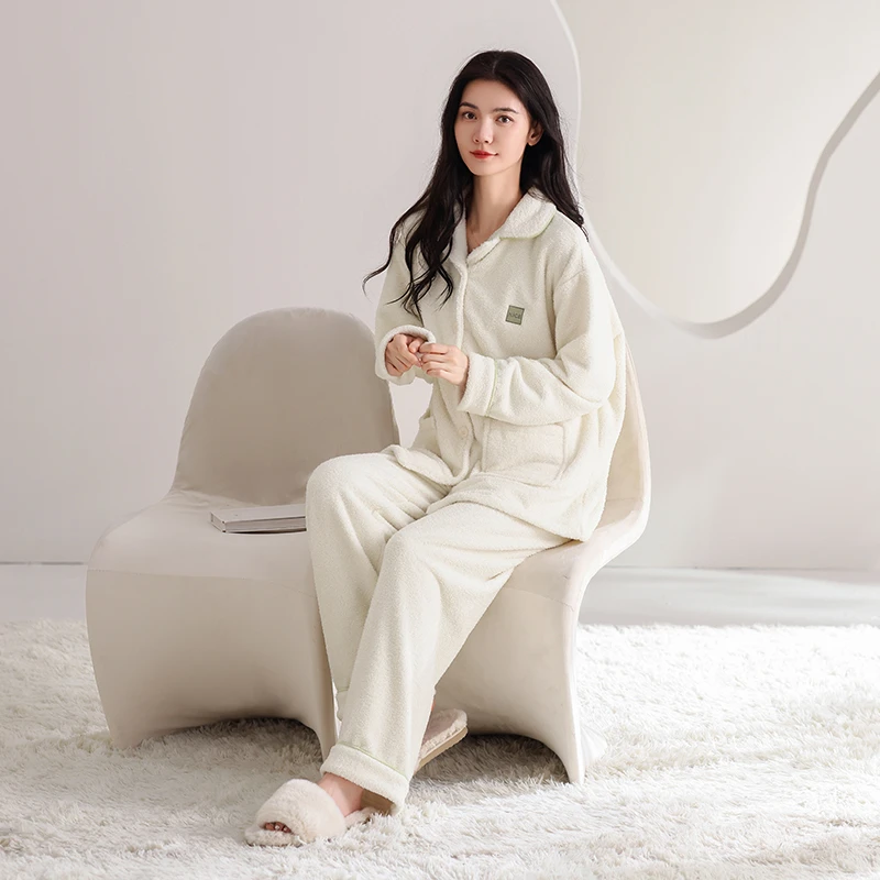 2025新款秋冬季睡衣女半边绒保暖长袖长裤开衫可外穿家居服套装