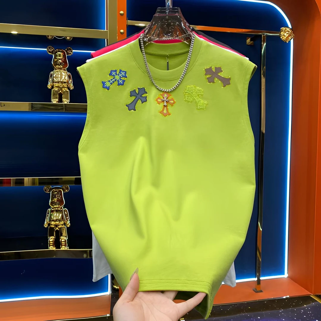 多巴胺夏季新款刺绣烫钻圆领百搭坎袖男士时尚重工艺无袖T恤潮男