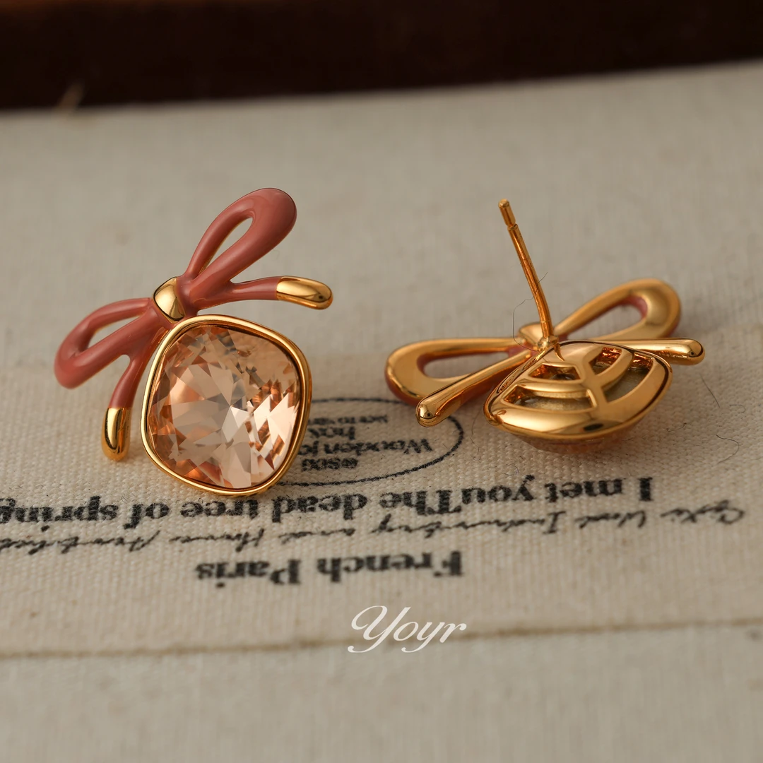 黄铜耳饰 精品滴釉锆钻蝴蝶结耳钉新年喜庆红色适合秋冬高级耳环