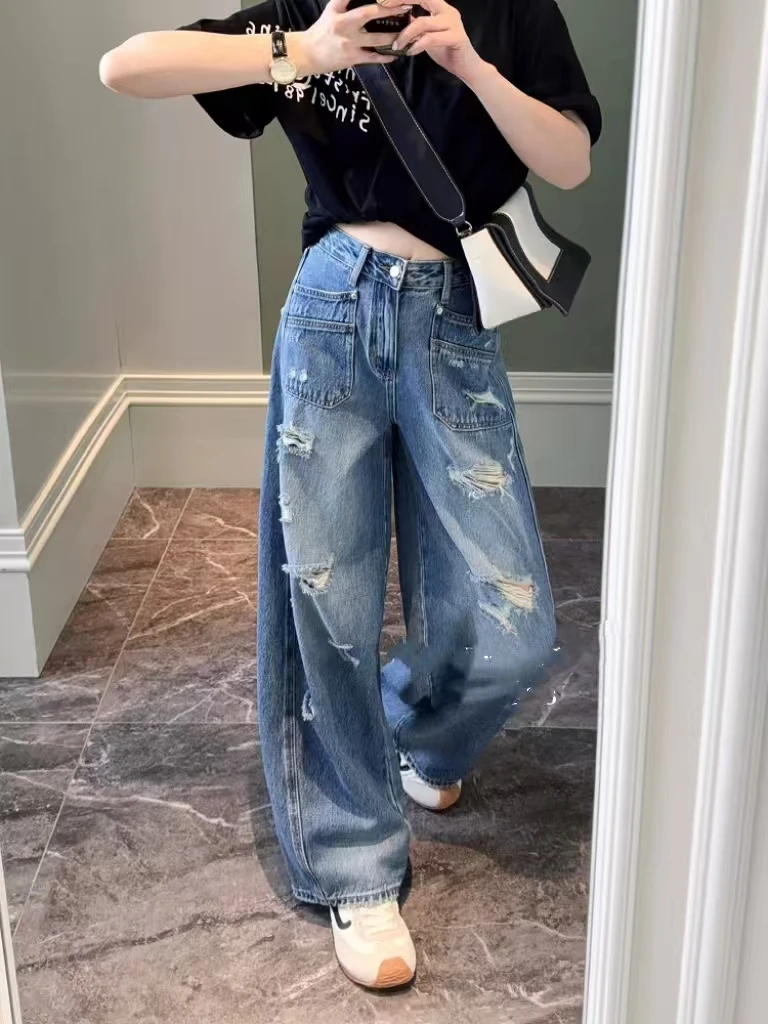 SU【269】花66  愫玥   薄款超火破洞裤2025新款夏口袋弯刀裤~