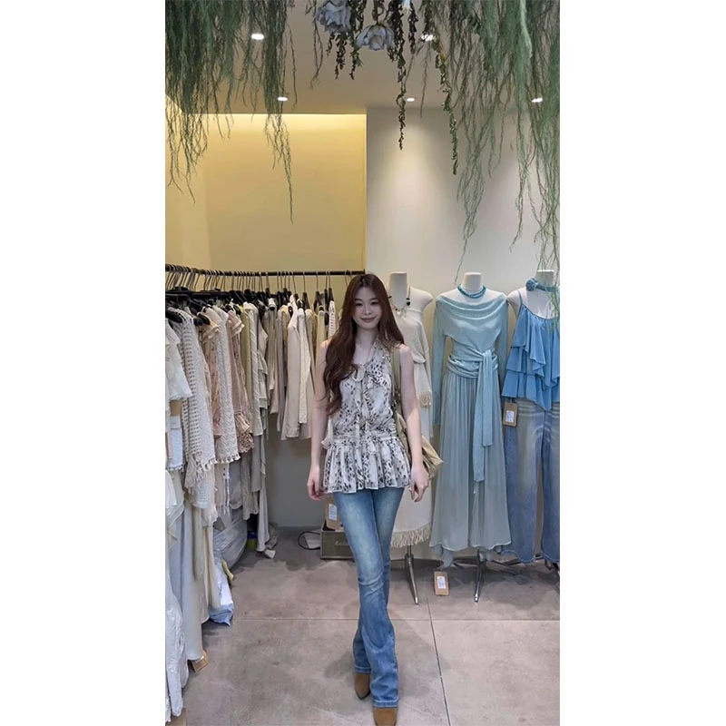 韩系气质设计感系带V领无袖背心显瘦豹纹上衣高腰休闲百搭牛仔裤