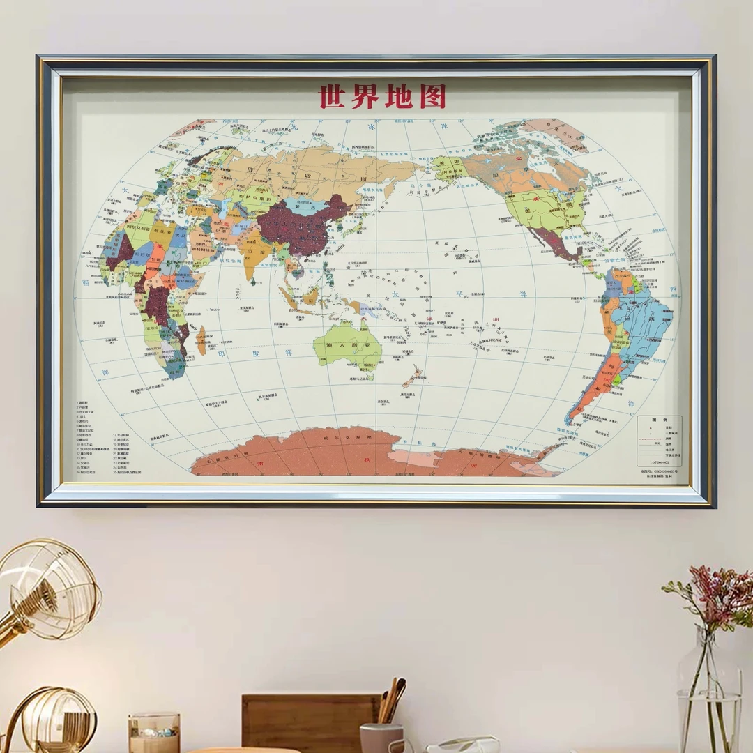D58世界地图手工钢化玻璃装裱高端餐厅客厅玄关过道卧室挂画40*60