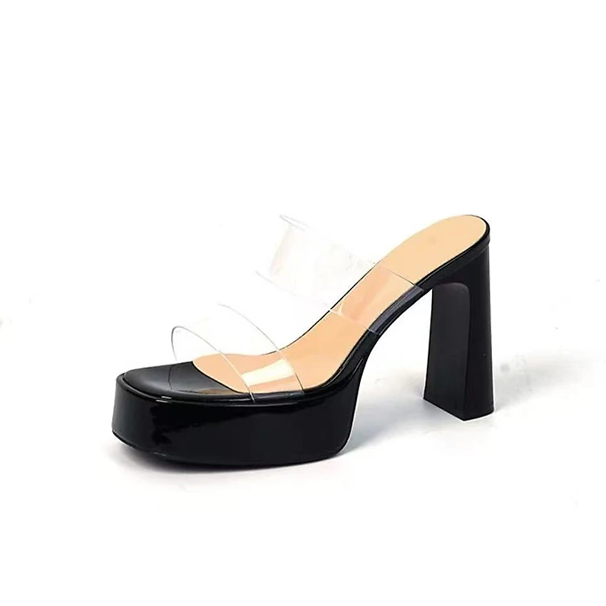 高跟拖鞋女2025夏季新款方头粗跟防水台外穿透明带气质百搭一字拖