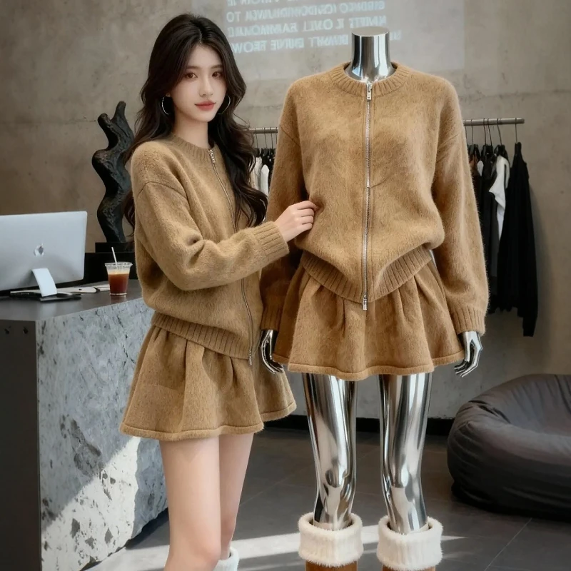 美式辣妹气质休闲针织拉链毛衣外套女秋冬新款减龄百褶短裙两件套