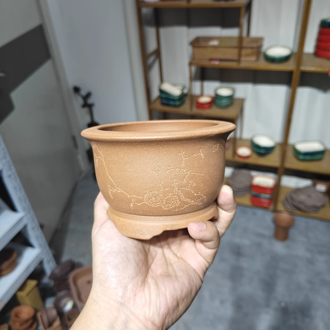 宜兴紫砂精品紫砂盆降坡泥圆口盆手刻文人盆景花盆