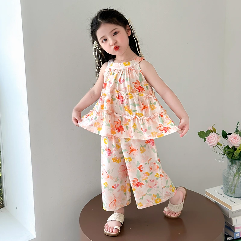 英国MK&DK女童夏装套装2025夏季棉绸两件套新款碎花背心上衣裤子