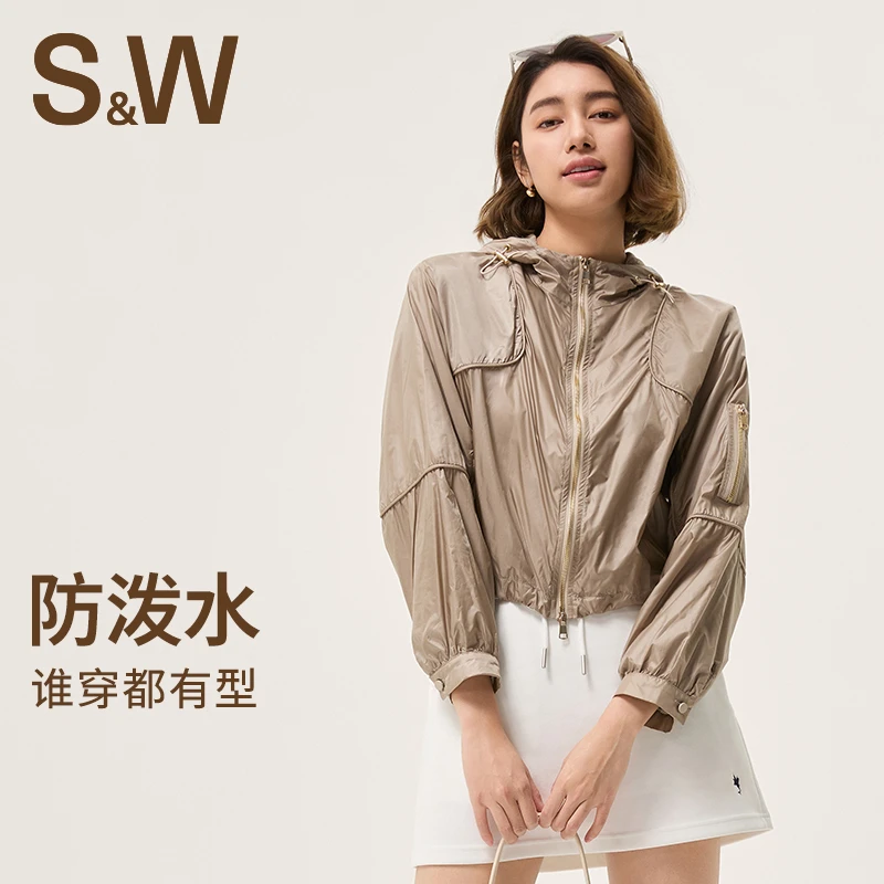 SW速惟短款运动外套女春秋季连帽风衣薄款防风防泼水上衣长袖1281