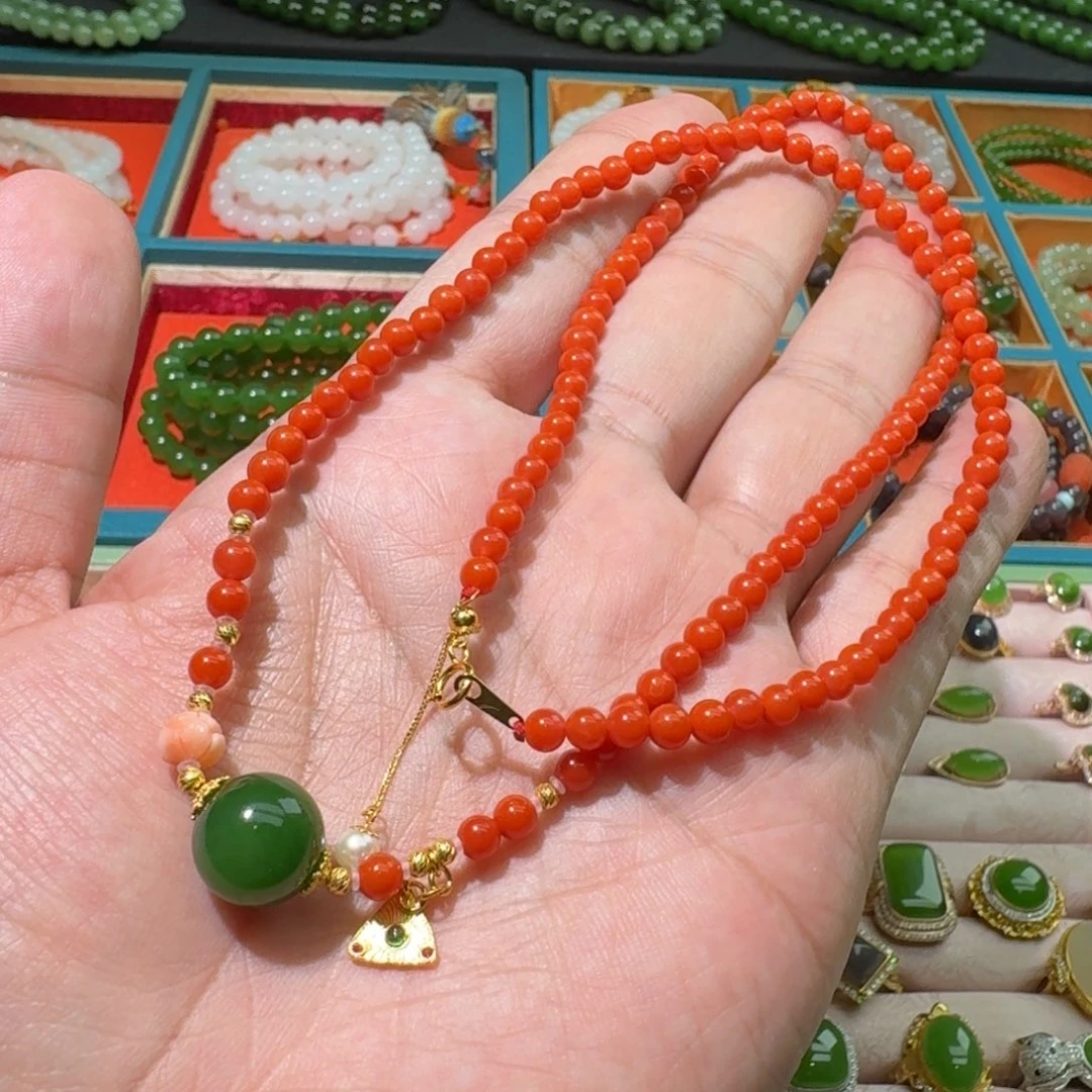 和田玉未镶嵌珠宝奇石碧玉圆珠锁骨链