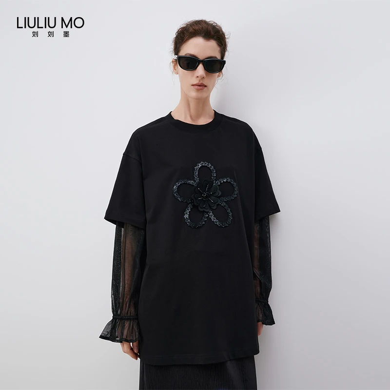 春夏设计师圆领假两件拼接网纱宽松长袖T恤重工钉珠立体花朵上衣