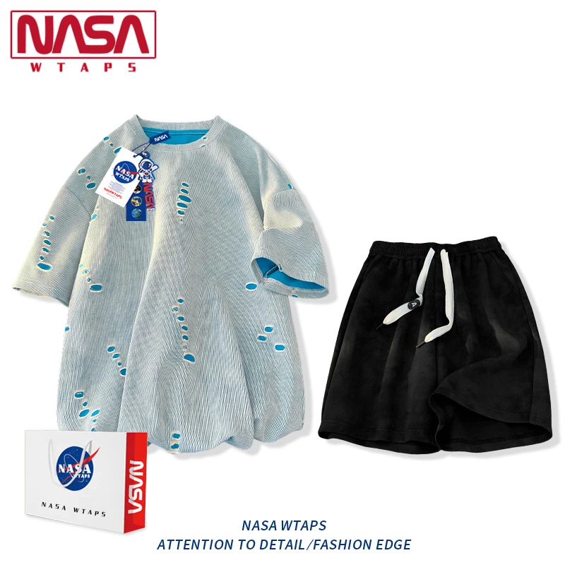 NASA WTAPS扎染破洞短袖t恤套装男夏季宽松休闲正肩半袖T恤套装潮