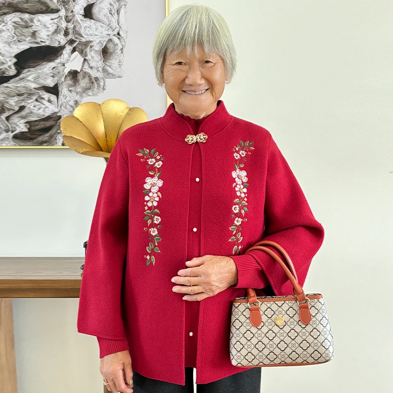 奶奶秋装针织衫中国风两件套中老年人外套女妈妈新款毛衣气质衣服