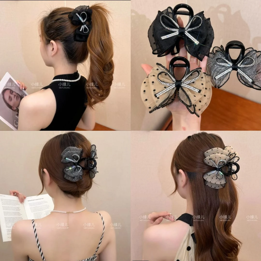 原创波点闪钻蝴蝶结泡泡抓夹后脑勺夹气质百搭2025新款抓夹