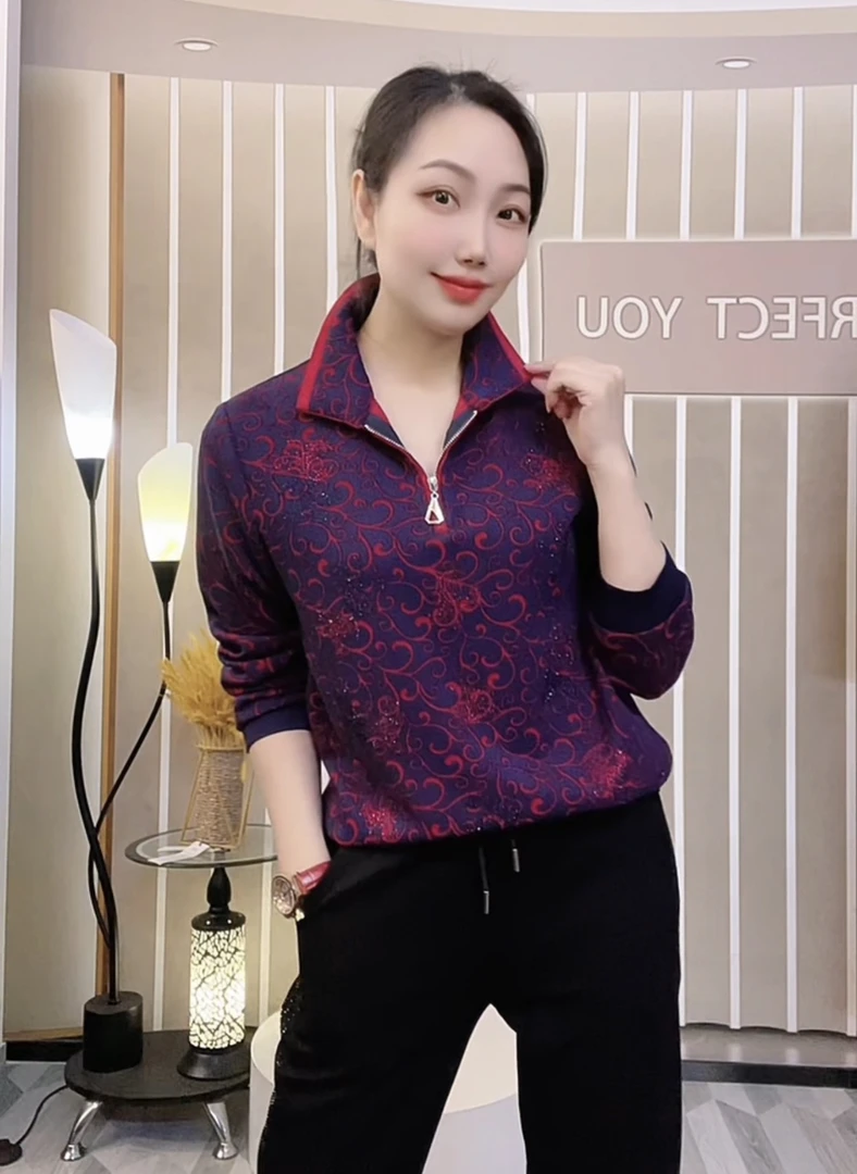 【高定红蓝8926新款】秋冬百搭上衣时尚休闲宽松长袖立领女士卫衣