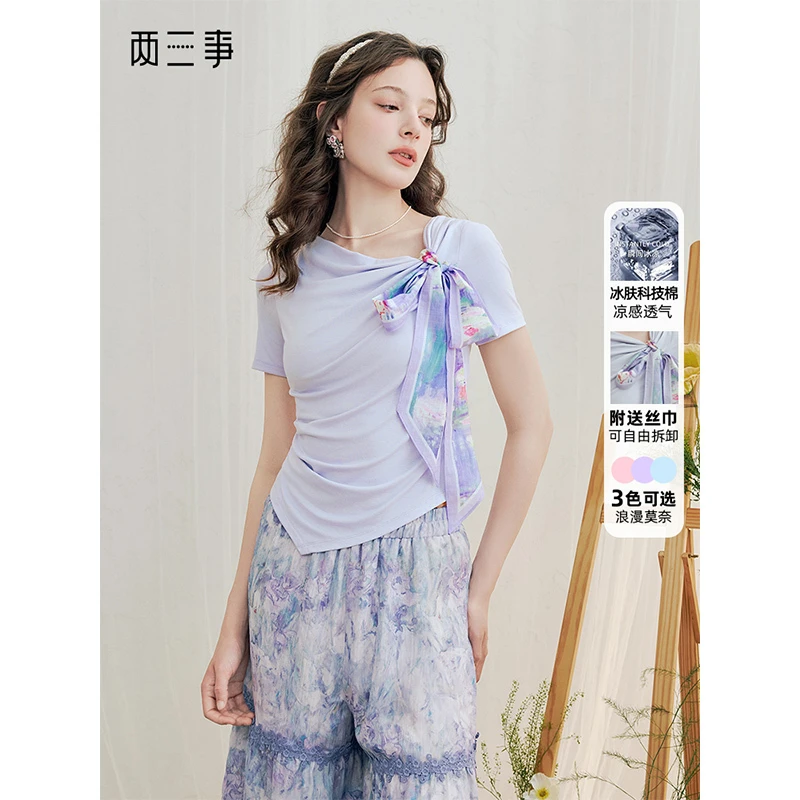 两三事【超级单品】盛夏物语小清新印花绑结短袖t恤S25XT743