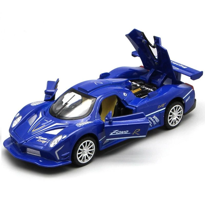 合金蓝色跑车 可开门带灯光音效 15.5厘米 回力模型玩具 礼盒