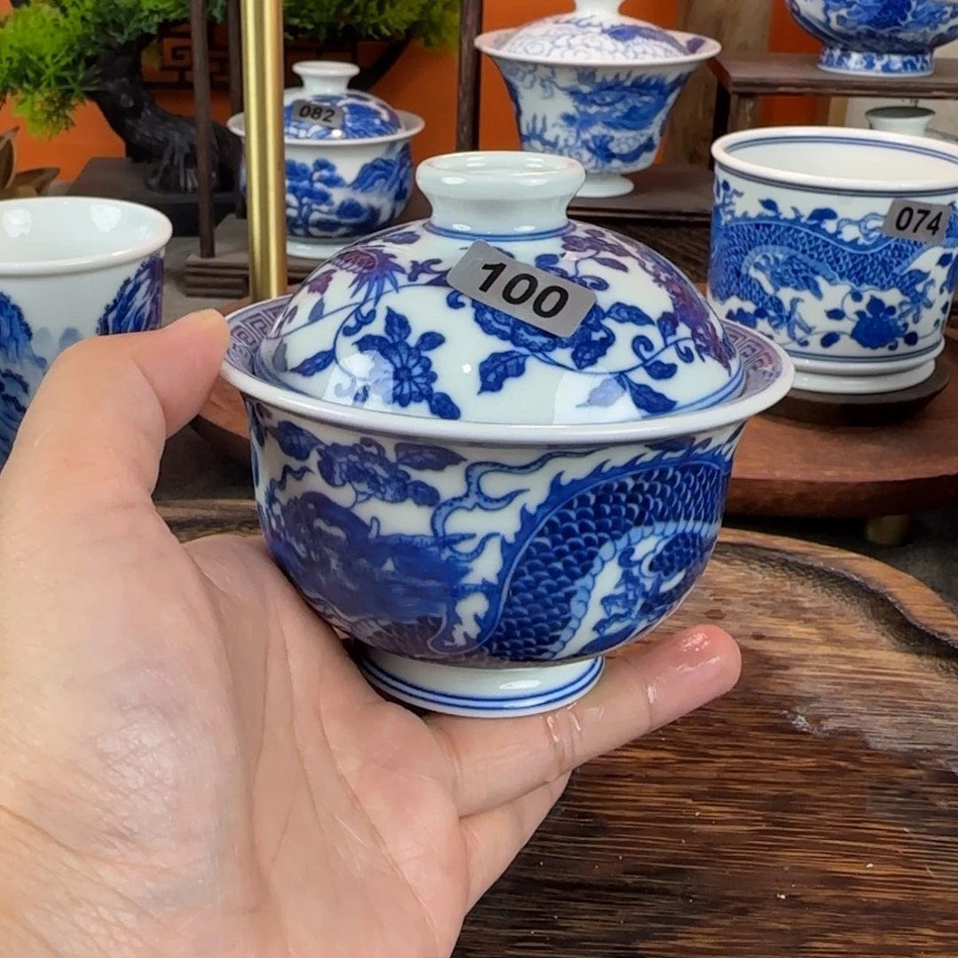 晚***柔瓷片景德镇手绘青花茶器100